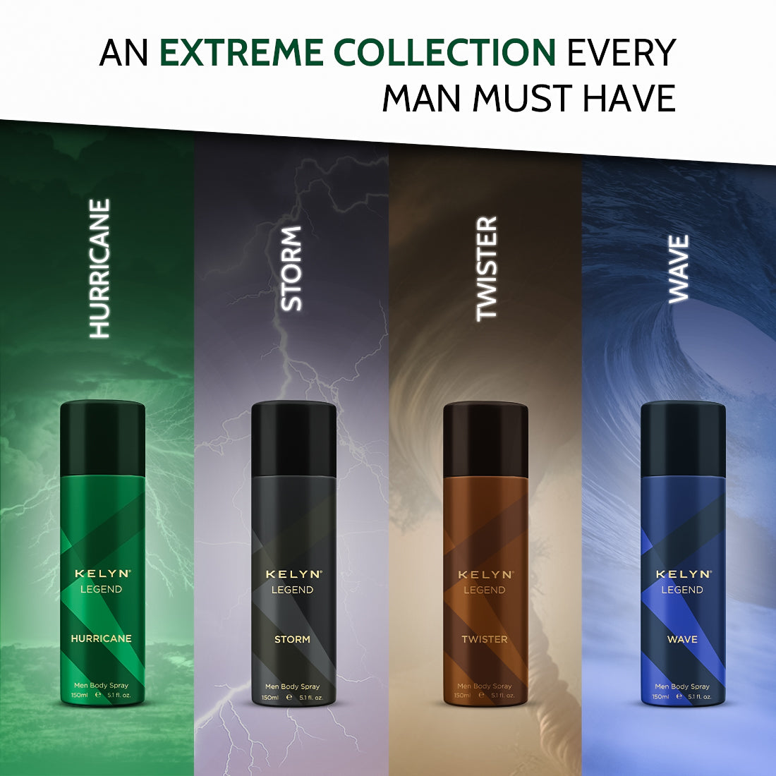 Legend Storm, Twister, Hurricane, Wave Deodorant for Men Body Spray (Pack of 4) 150 ml each