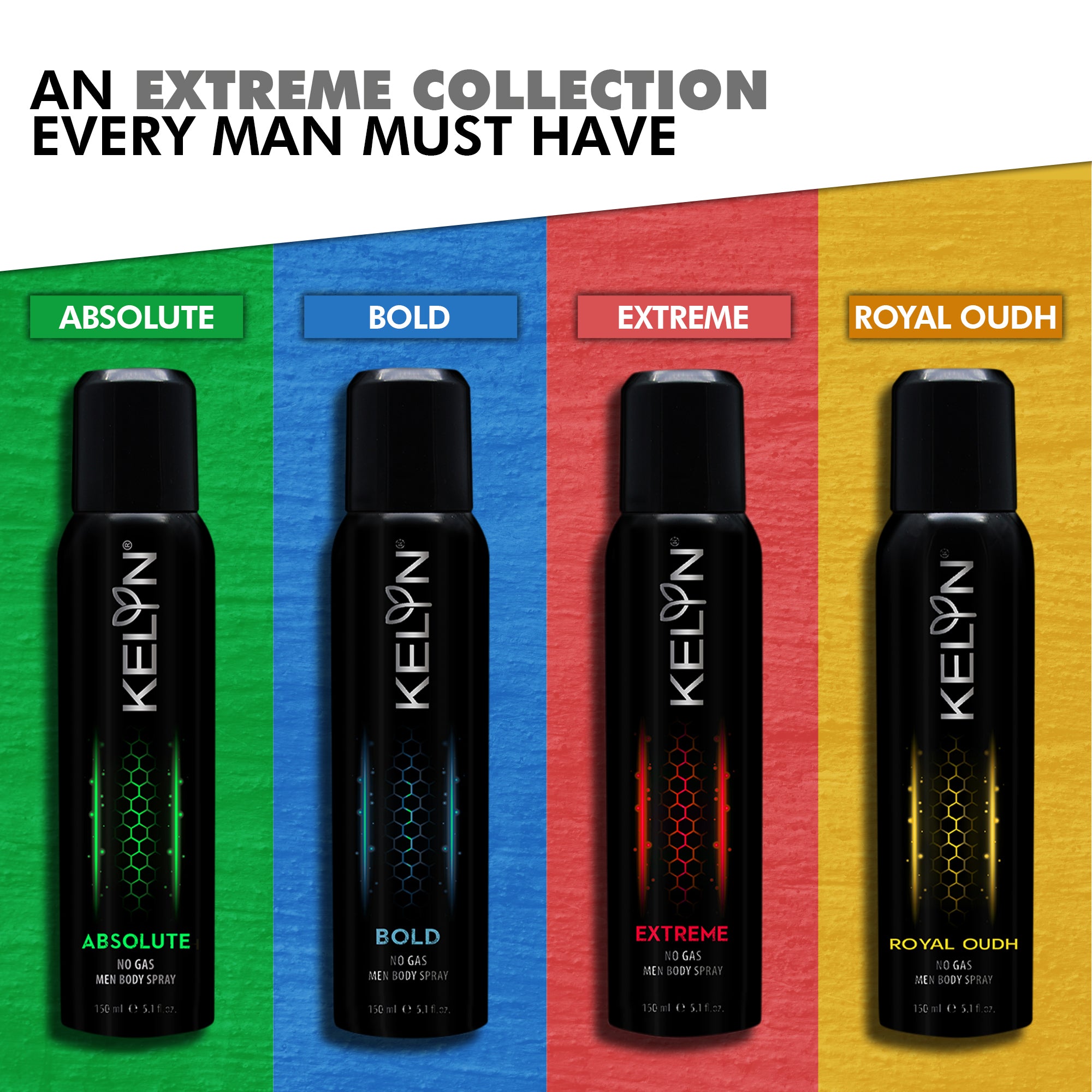 Absolute, Bold, Extreme, Royal Oudh No Gas Deodorant for Men Body Spray (Pack of 4) 150 ml each